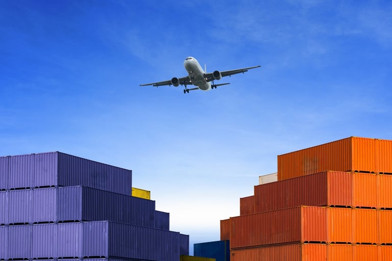 Container warehouse at industrial port Sending by plane, cargo logistics, business, import, and export. transportation industry concept