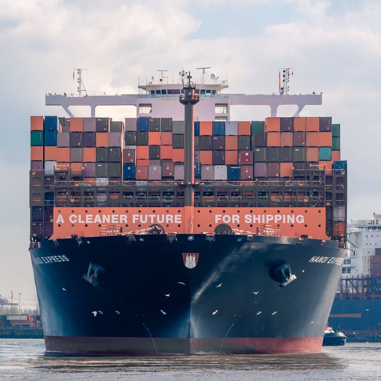 Frontal view of the container ship Hanoi Express in the Port of Hamburg.