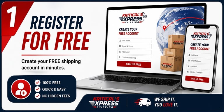 Marketing banner promoting free shipping account registration with laptop and mobile phone displaying signup form and cardboard boxes