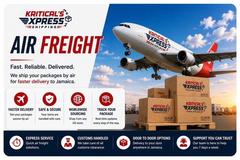 Kritical Express air freight service advertisement showing cargo plane with boxes and delivery benefits