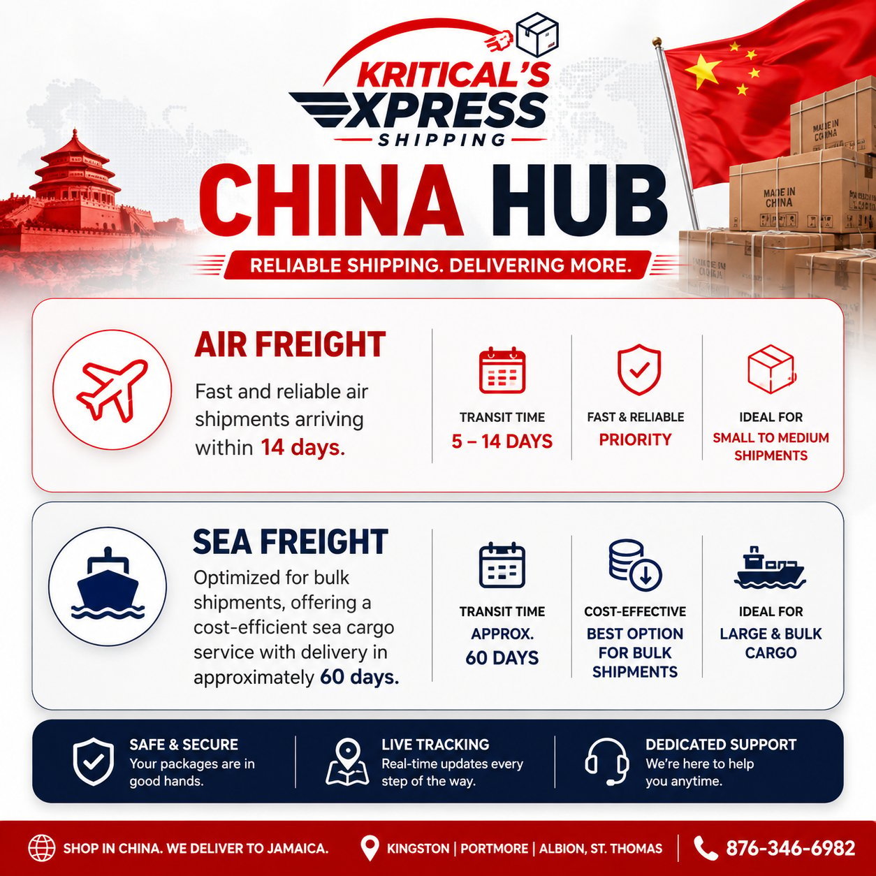 Kriticals Express China Hub shipping services poster featuring air freight and sea freight options with transit times and support details