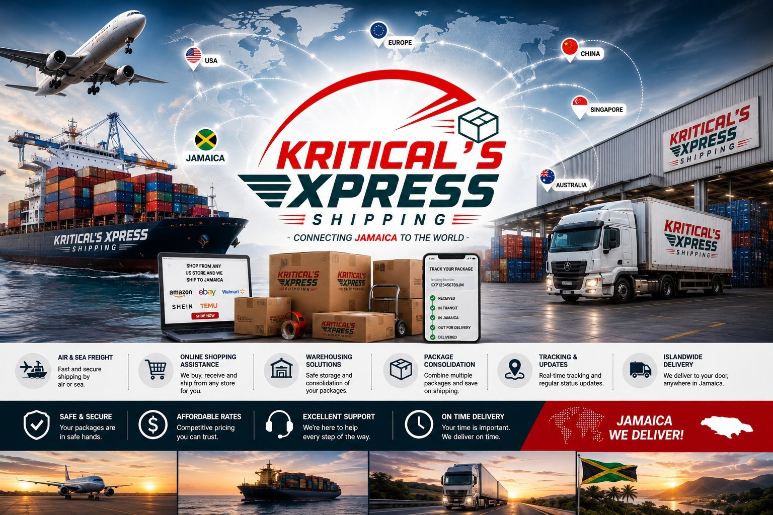 Kriticals Express logistics company branding showcasing air, sea, and land transportation services connecting Jamaica worldwide