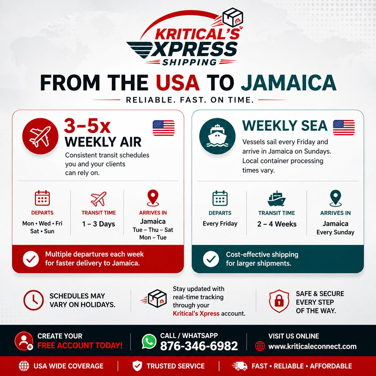 Kriticals Express Shipping infographic showing 3-5x weekly air and weekly sea shipping options from USA to Jamaica with delivery times and service details.