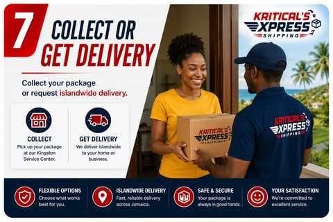 Woman in yellow shirt receiving Kriticals Express package from delivery person in blue uniform