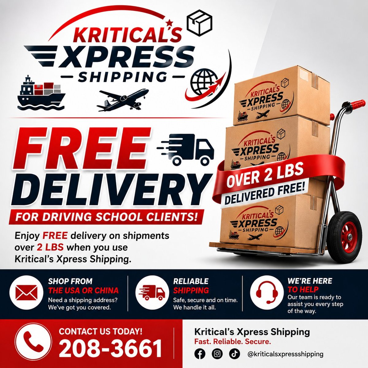 Kriticals Express Shipping promotional flyer advertising free delivery over 2 lbs for driving school clients with contact information