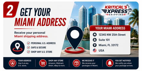 Step 2 infographic showing how to get a Miami address with Kriticals Express service details and location information