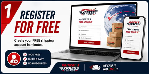 Free shipping registration ad showing laptop and mobile device displaying account creation form with cardboard boxes