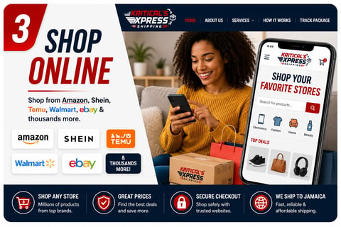 Online shopping graphic showing woman with phone and Express delivery app interface featuring partner stores like Amazon, Shein, and Walmart