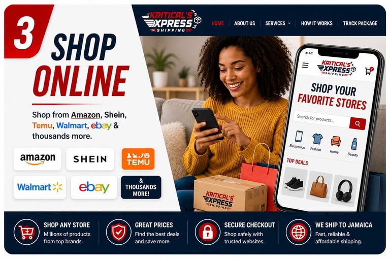 Online shopping graphic showing woman with phone and Express delivery app interface featuring partner stores like Amazon, Shein, and Walmart