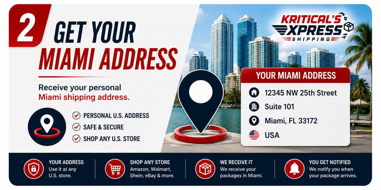 Step 2 infographic showing how to get a Miami address through Kriticals Express service, including address details and process icons
